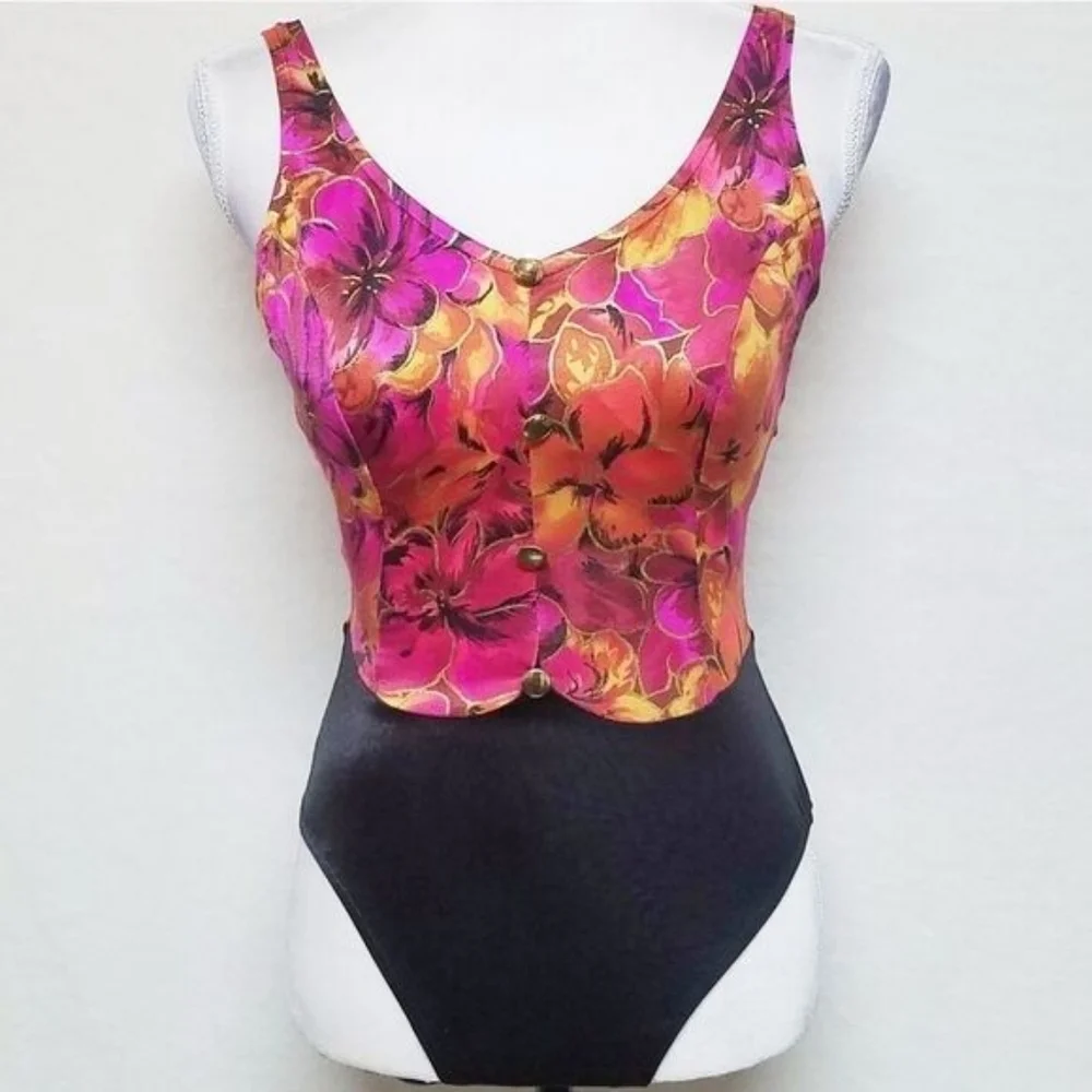 Jantzen Vintage Gold Foil Floral Black Colorblock Backless One-piece Swimsuit 12